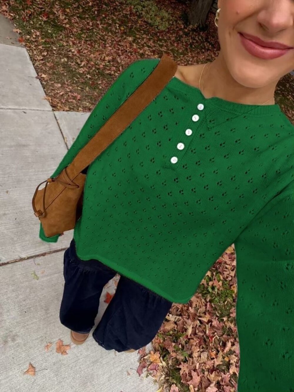 Green Casual Women's Loose Rib-Knit Button Detail Long Sleeve Pullover